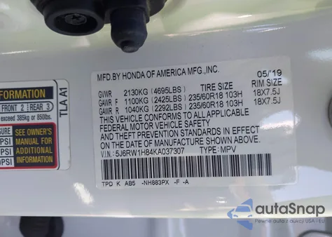 2019 Honda Cr-V Ex-L из США, поврежденный, VIN 5J6RW1H84KA037307